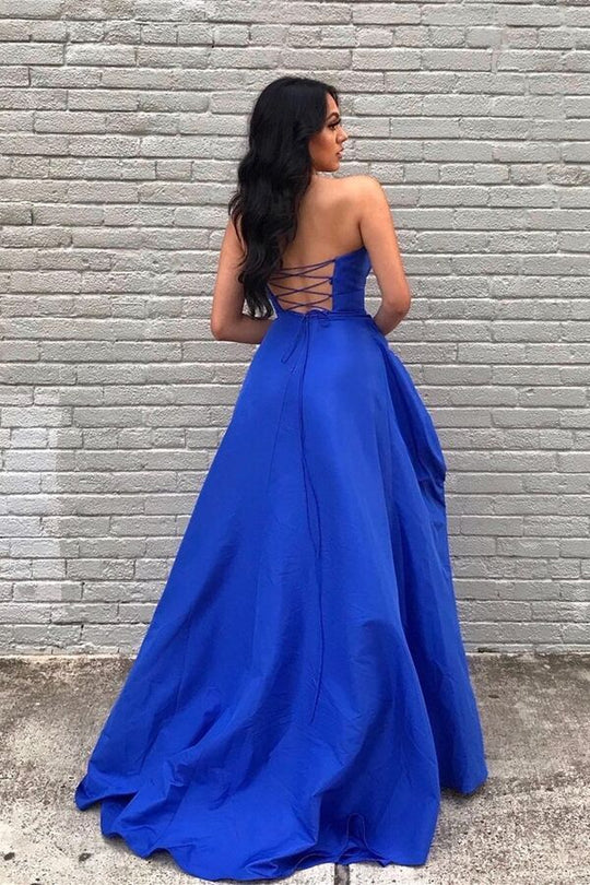 Robe de bal longue bleue trapèze en cœur, robe de soirée formelle J5114
