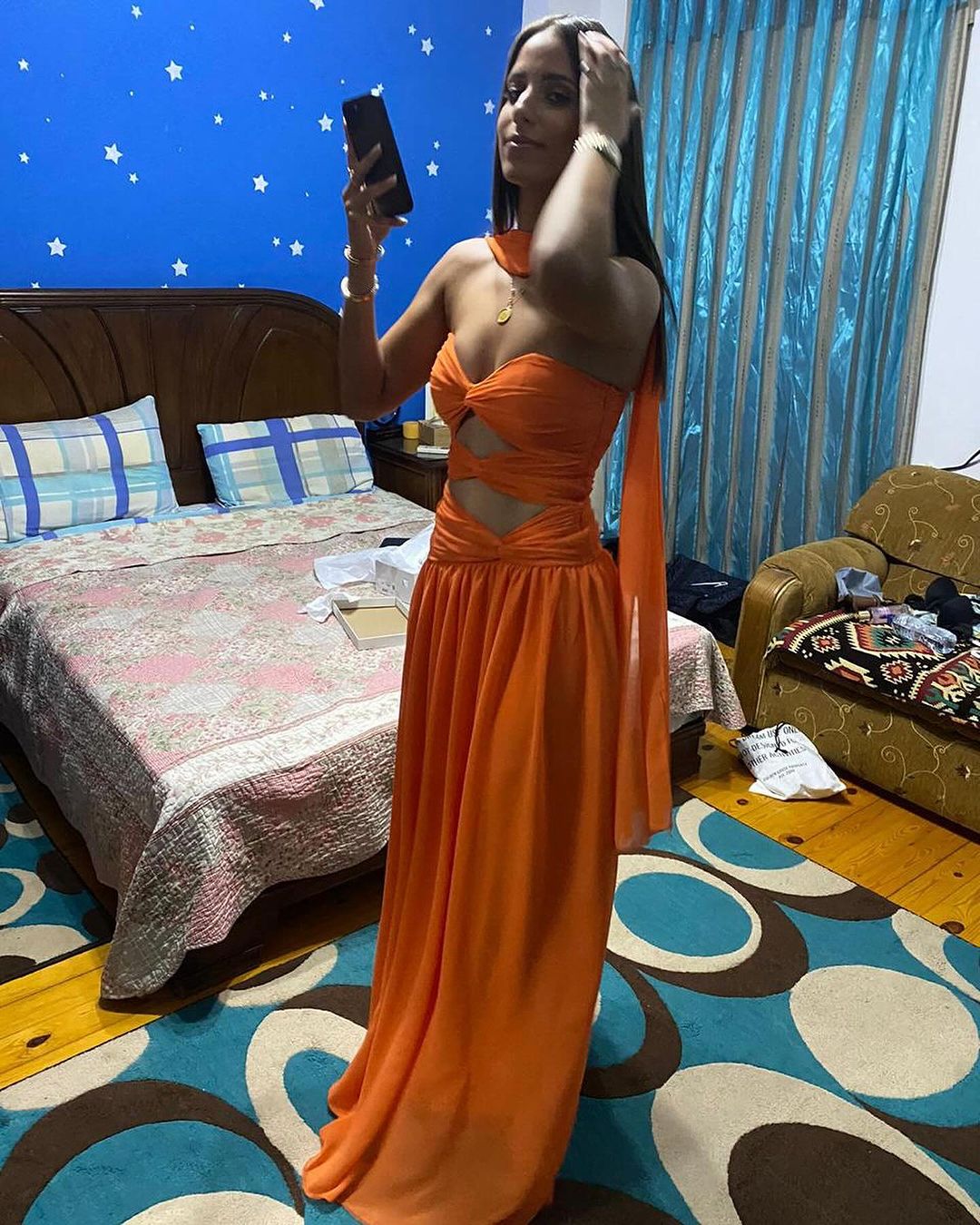 Robe de bal longue orange coupe trapèze, robe d'invitée de mariage J5167