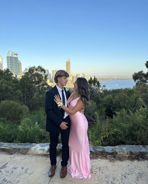 Robe de bal longue sirène rose à col en V et robe de soirée formelle J5198