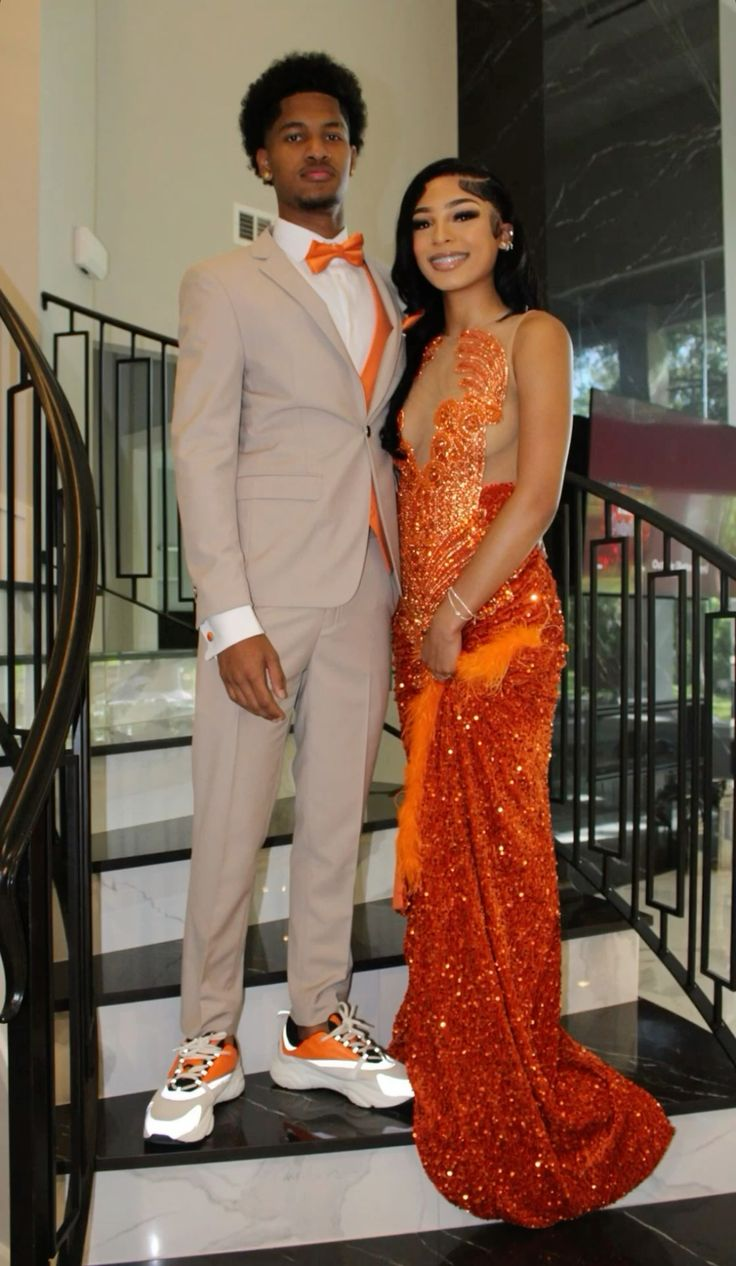 Robe de soirée longue orange sirène à paillettes J5215