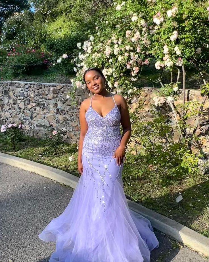 Robe de soirée longue en tulle et dentelle, style sirène, lavande, à sequins, J5221
