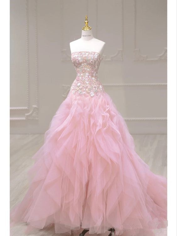 Robe de bal longue bustier rose trapèze en tulle à volants et fleurs J5228
