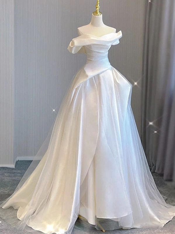 Schulterfreies A-Linien-Brautkleid in Weiß aus Satin J5249