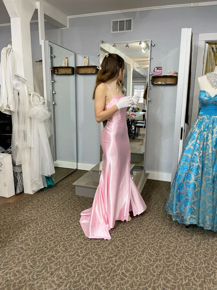 Spaghettiträger Meerjungfrau Rosa Satin Langes Ballkleid J5453