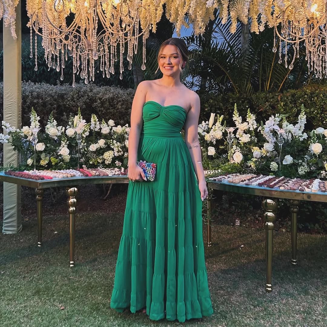 Robe de bal longue bustier coupe trapèze verte en mousseline de soie, robe d'invitée de mariage J5281