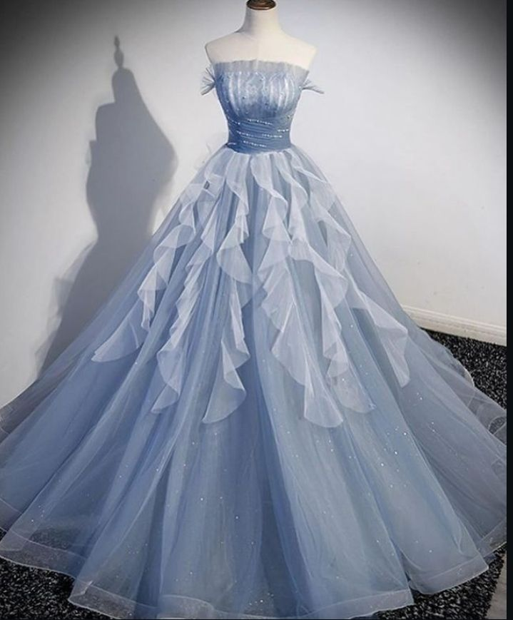 Robe de bal longue bleue bustier en tulle, coupe trapèze, J5321
