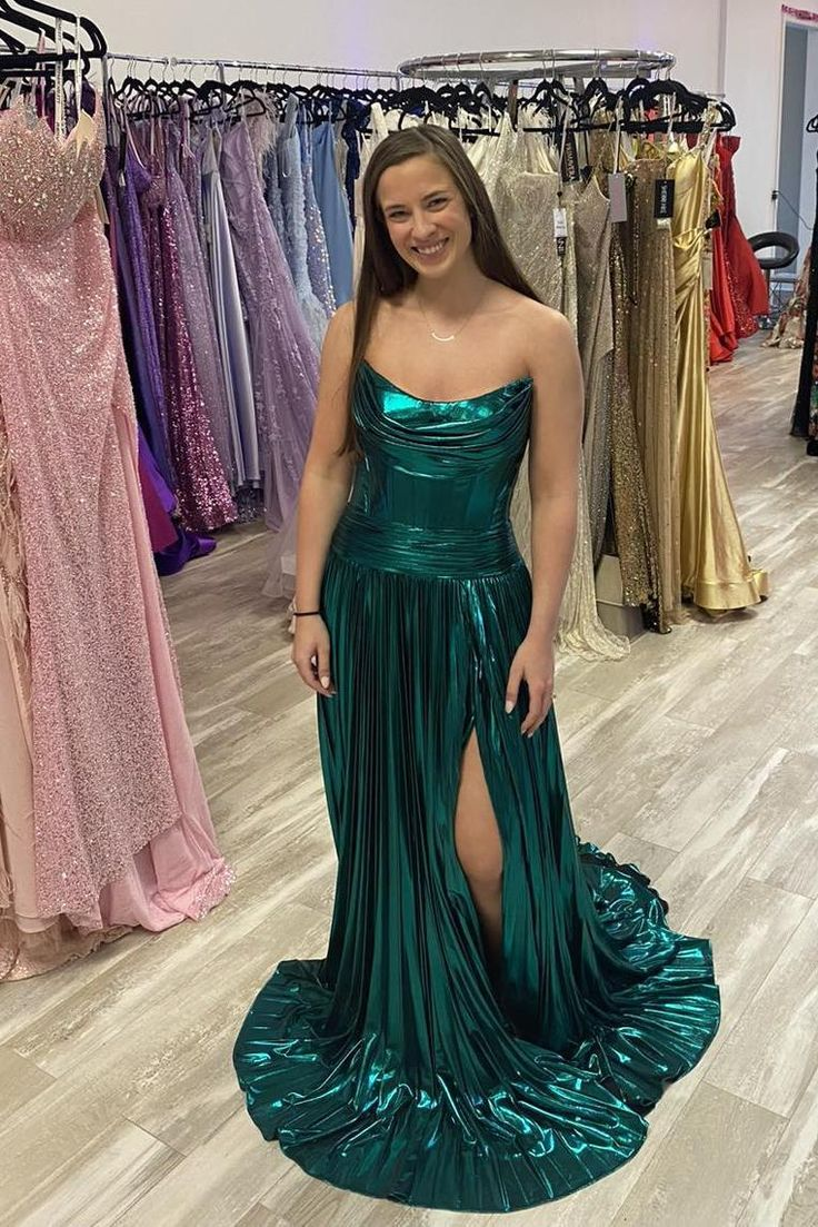Gerafftes, trägerloses, metallisches, langes A-Linien-Abendkleid J5331