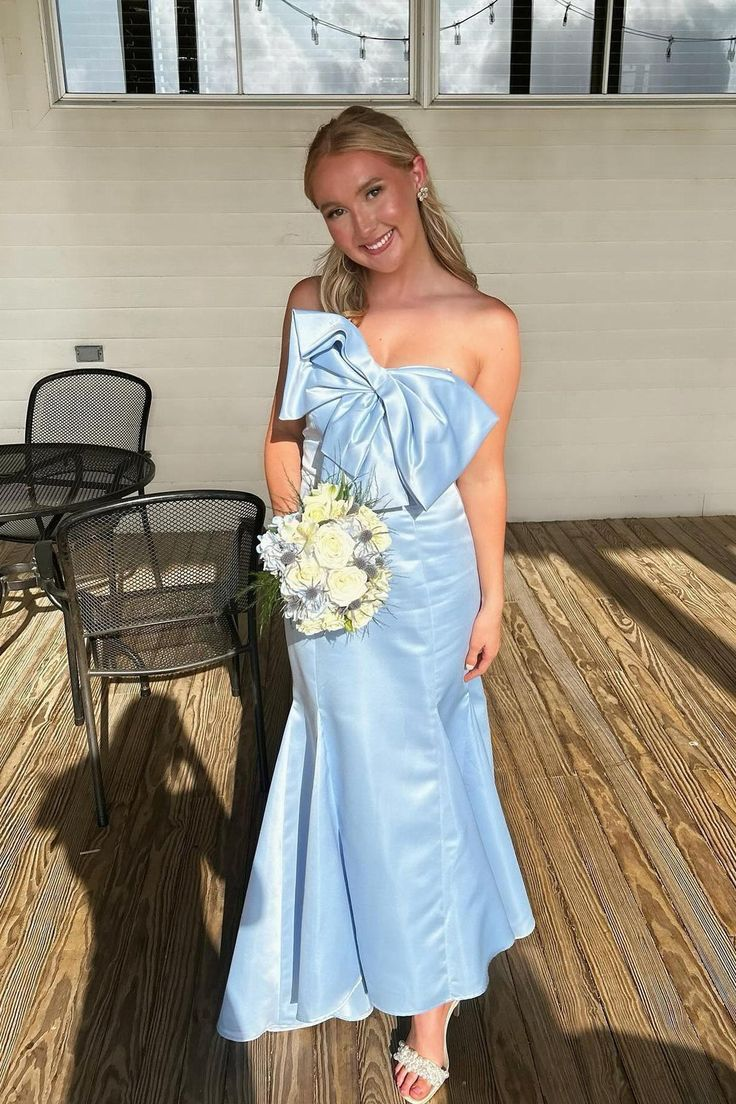 Blaues Meerjungfrau-Ballkleid aus Satin mit Schleife, formelles Partykleid J5335