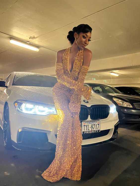 Sexy Gold Pailletten Meerjungfrau Ballkleider Abendkleid J5354