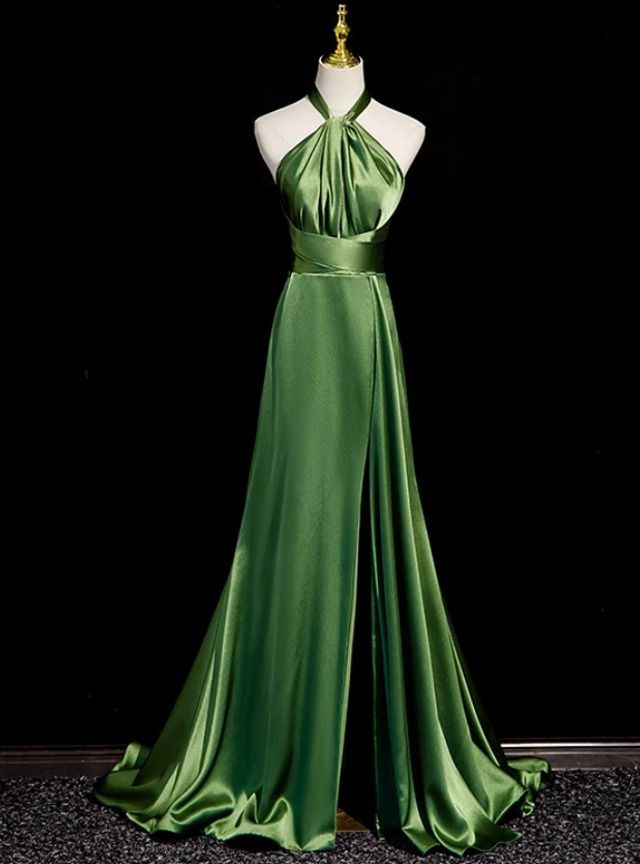 Robe de bal trapèze en satin vert dos nu J5356