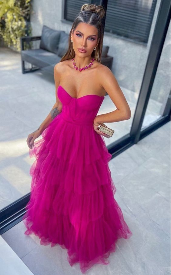 Ballkleid Hot Pink Sweetheart Tüll Partykleid Ballkleid J5430