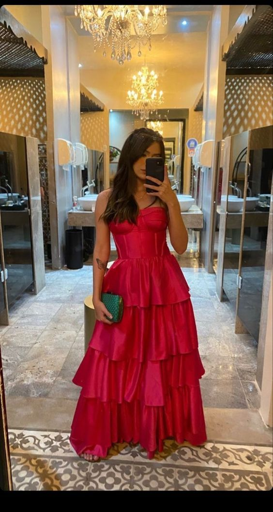 Vintage A-Linie Träger Bodenlang Hot Pink Ballkleider J5433