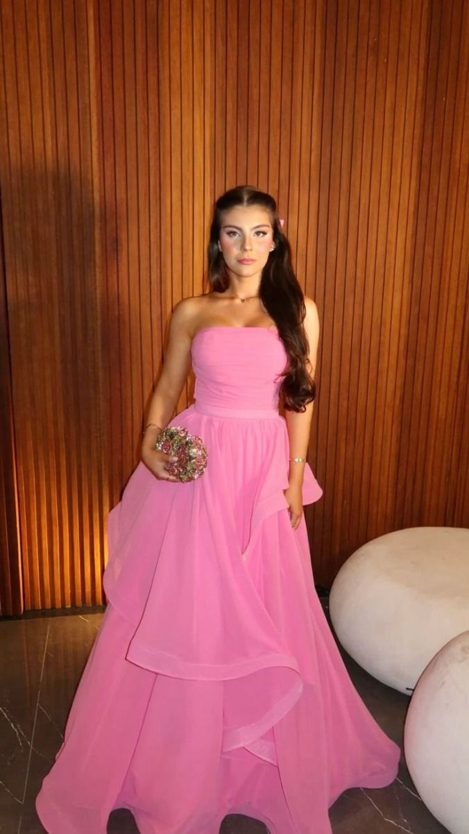 Trägerloses A-Linien-Ballkleid in Rosa, Chiffon, Abendkleid J5434