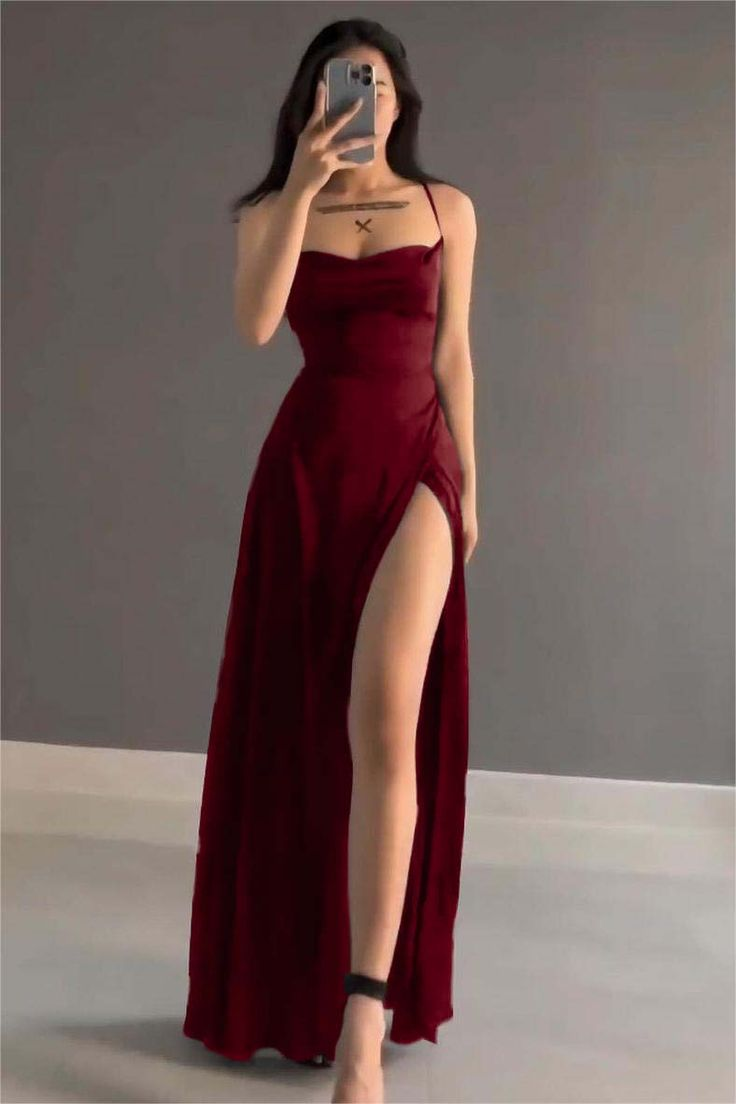 Burgunderrotes A-Linien-Ballkleid mit Schlitz aus Satin, formelles Partykleid J5450