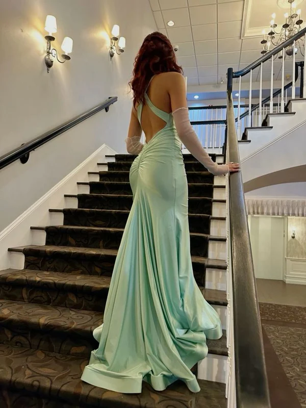 Mintgrünes Meerjungfrau-Ballkleid mit V-Ausschnitt und rückenfreiem Abendkleid J5479