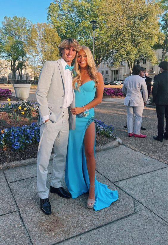 Robe de bal longue fendue bleue, robe de soirée formelle J5494