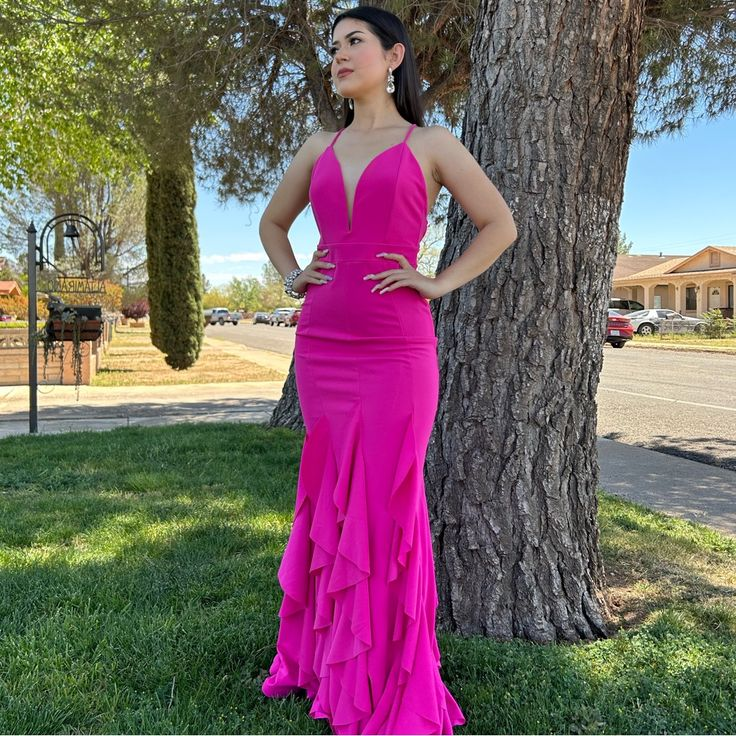Robe de bal longue rose vif à volants, robe de soirée formelle J5520
