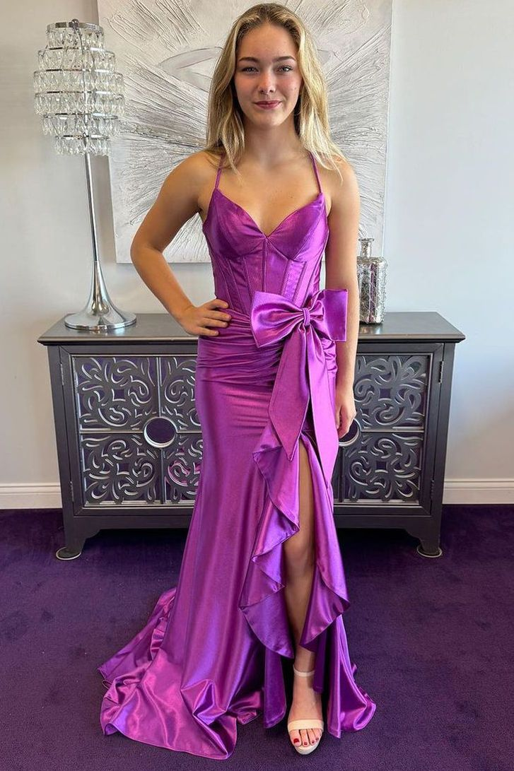 V-Ausschnitt Rüschen Langes Ballkleid Satin Formelles Partykleid J5522