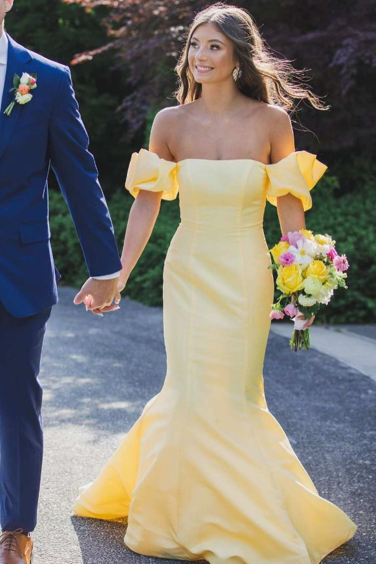 Schulterfreies gelbes Meerjungfrau-Langballkleid, formelles Partykleid J5524