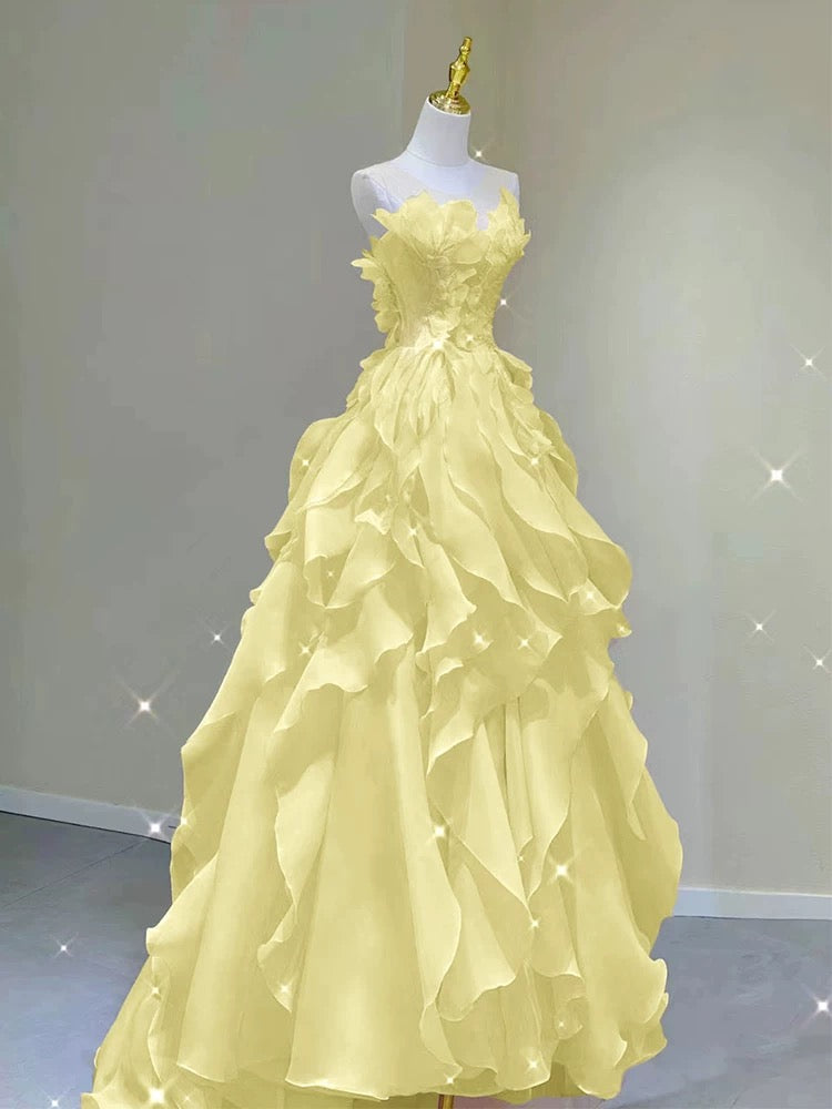 A-Linie Gelbes Rüschen-Ballkleid Formelles Partykleid J5531
