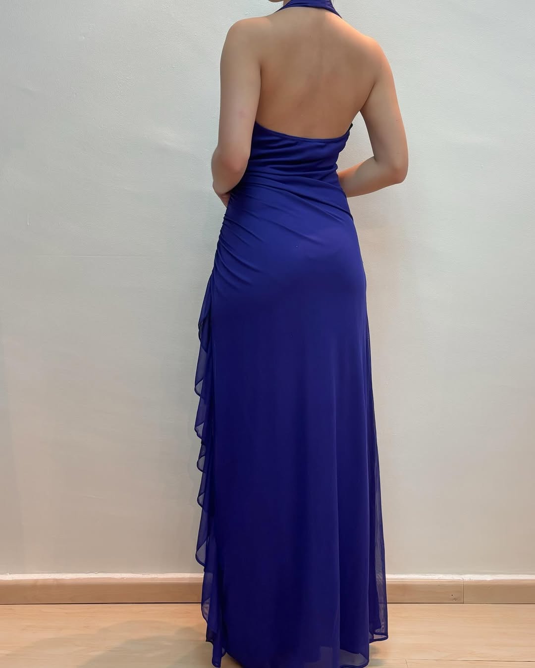 Neckholder Lila Langes Ballkleid Rüschen Abendkleid J5558