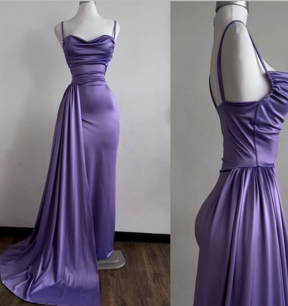 Meerjungfrau Spaghettiträger Lila Satin Abendkleid J5646