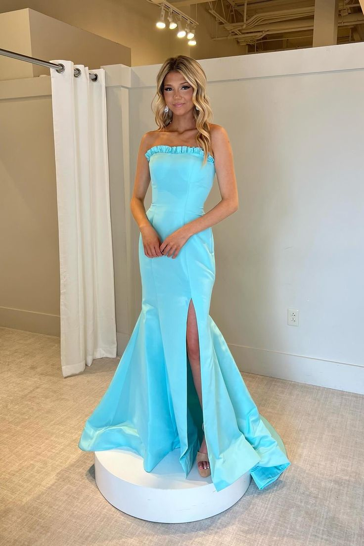 Blaues Satin-Rüschen-Ballkleid, trägerloses Meerjungfrau-Partykleid J5679