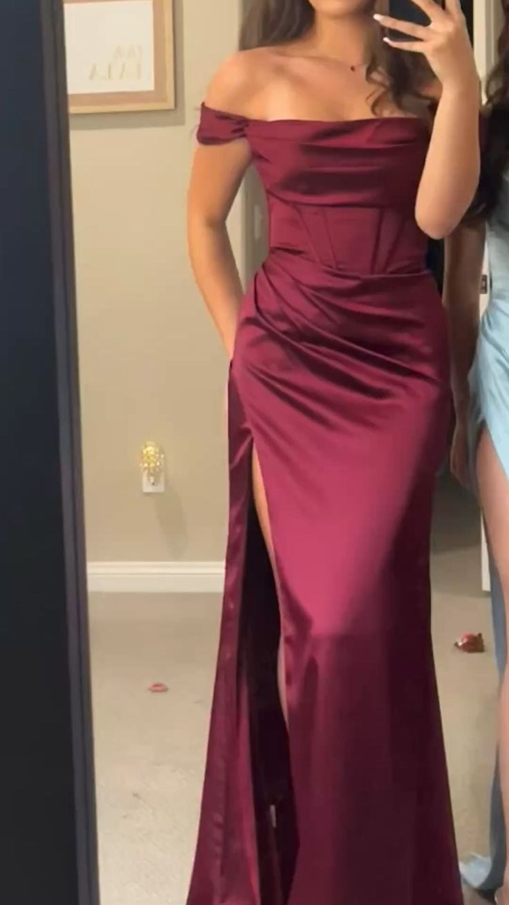 Burgunder Satin Langes Abendkleid Ballkleid J5698
