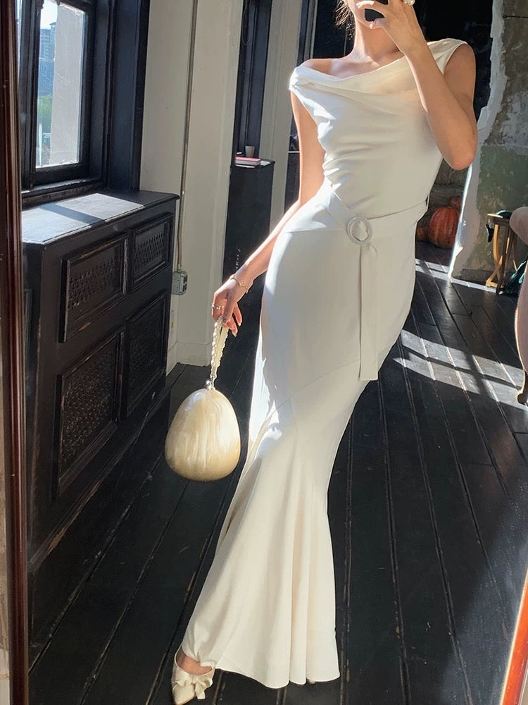 Weißes Meerjungfrau-Langballkleid, Abendkleid, Partykleid J5702