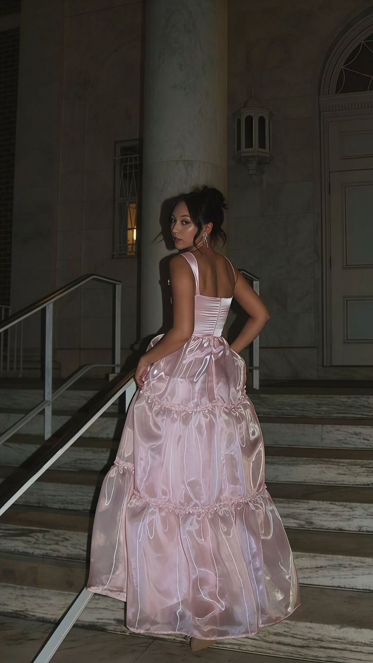 Rosa Organza A-Linie Ballkleider Bodenlang Abendkleid Partykleid J5704