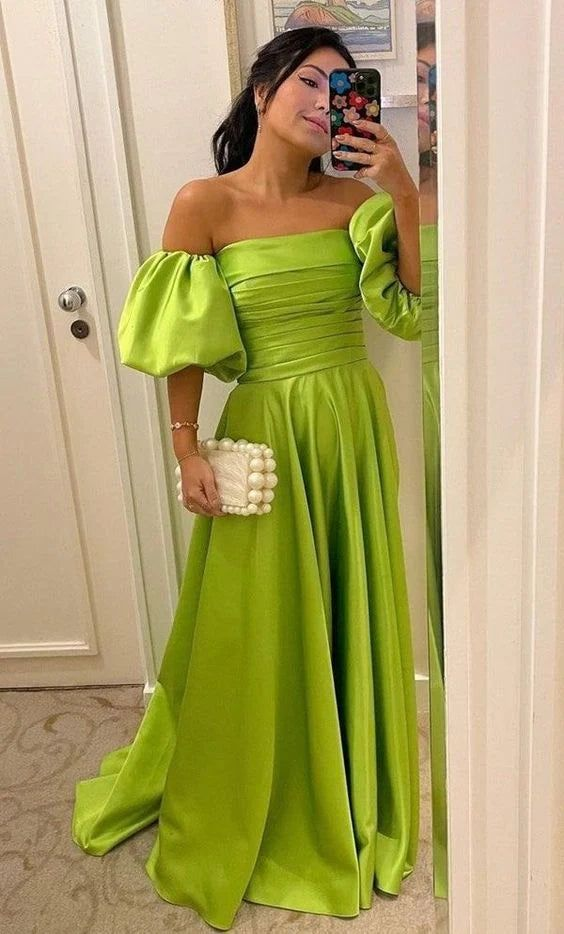 Robe de bal trapèze verte en satin, tenue de soirée formelle J5738