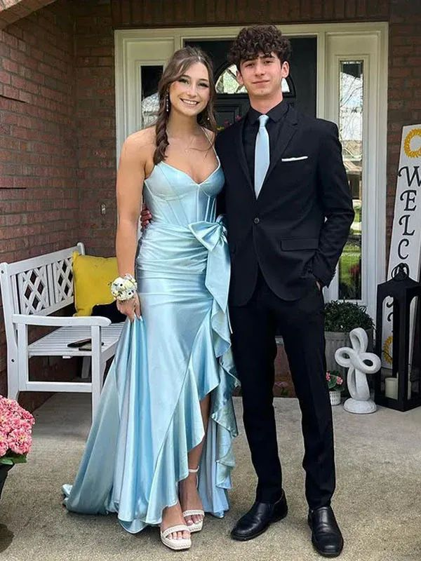 Hellblaues Rüschen-Ballkleid mit Schlitz, Partykleid, Abendkleid J5742