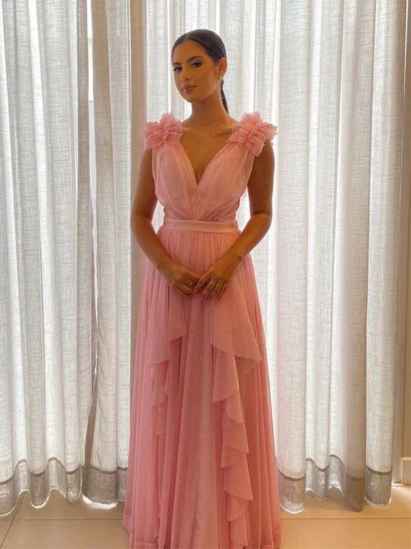 Rosa Chiffon A-Linie Ballkleid Formales Partykleid Abendkleid J5745