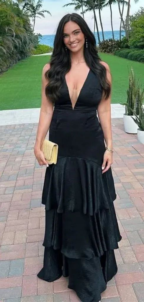 V-Ausschnitt Ärmellos A-Linie Satin Rüschen Abendkleid Ballkleid J5801