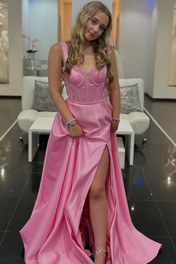 Cute Pink A Line V Neck Satin Long Formal Prom Dress J5803
