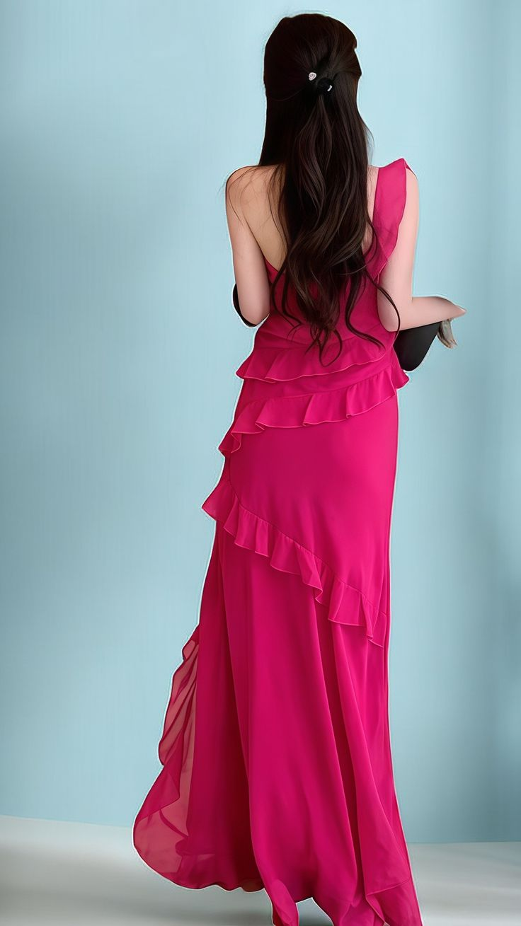 One Shoulder Hot Pink Chiffon Prom Dress Formal Evening Gown J5835