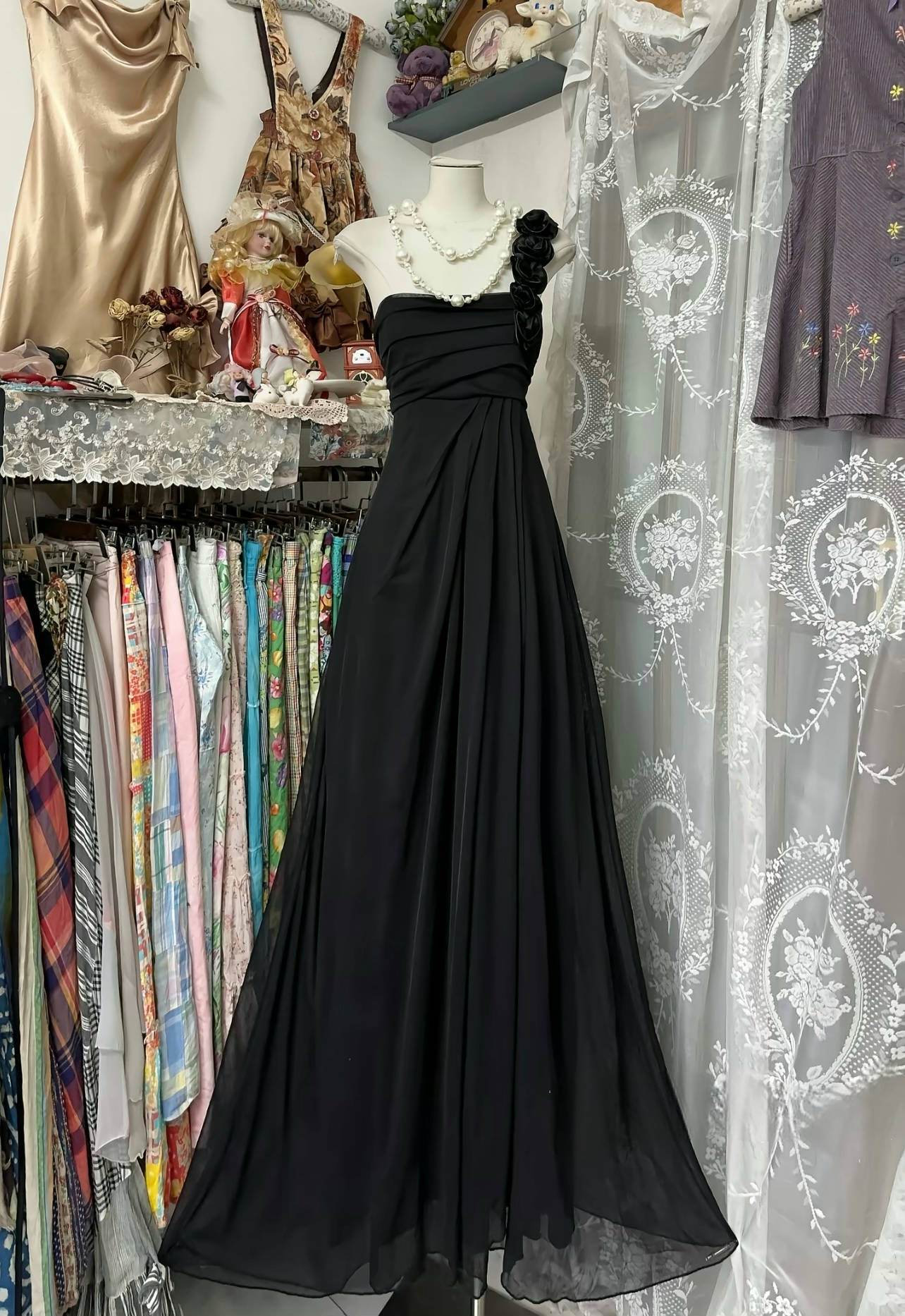 Robe de bal noire en mousseline de soie, coupe trapèze, asymétrique, pour demoiselle d'honneur, J6696