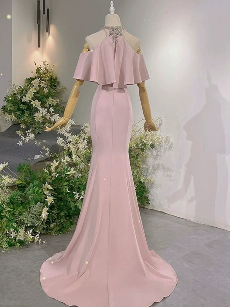 Robe de soirée longue sirène rose, robe de soirée modeste J8682