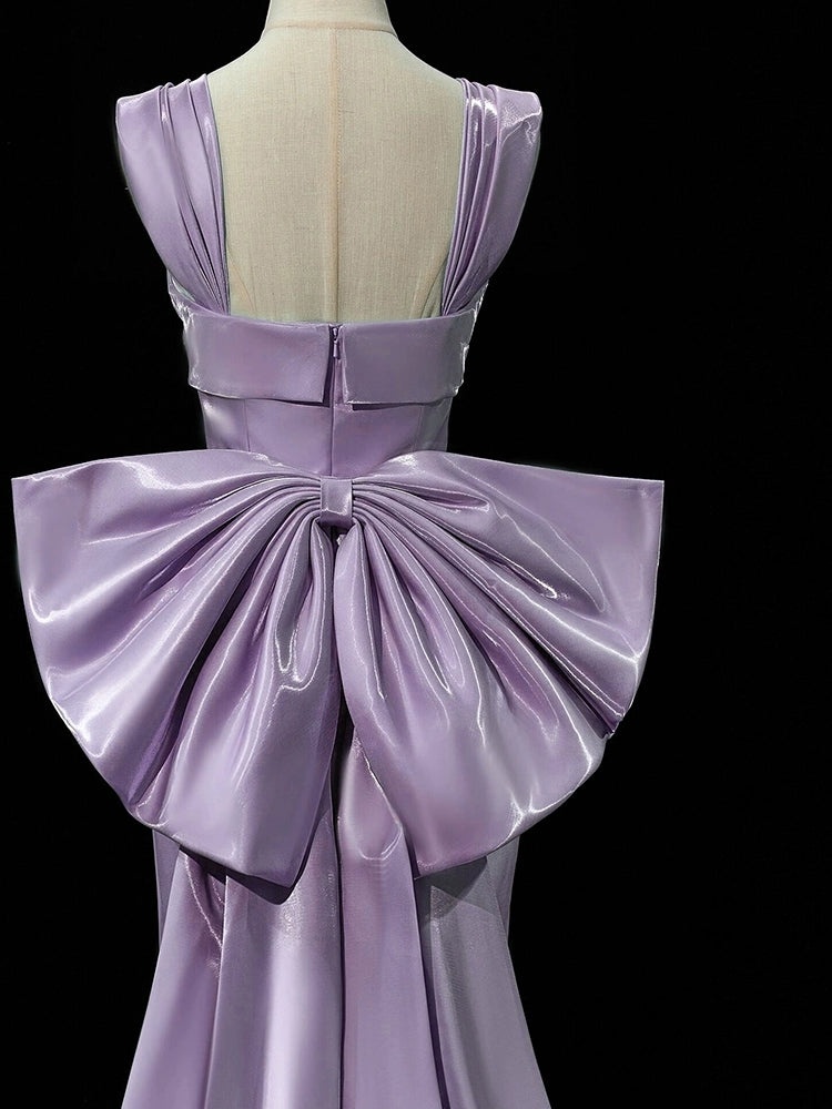 Robe de bal sirène longue violet clair avec nœud, tenue de soirée formelle pour adolescentes J8700