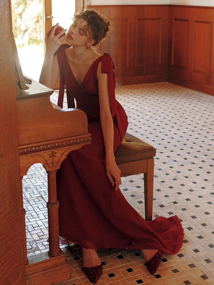 Robe de bal longue style sirène bordeaux à col en V J8701