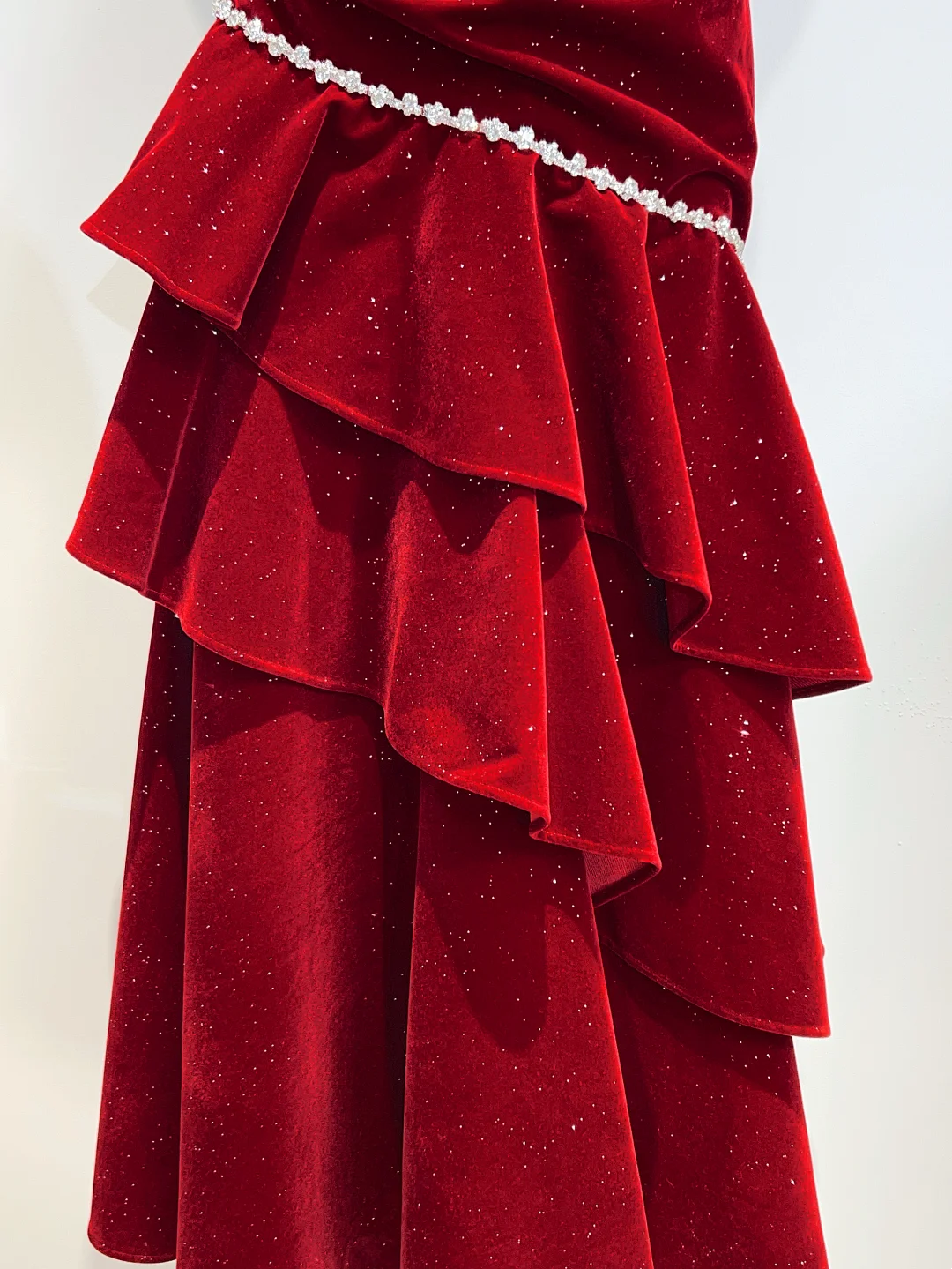 Beaded A Line Burgundy Long Prom Dress Ruffle Velvet Evening Gowns J8705