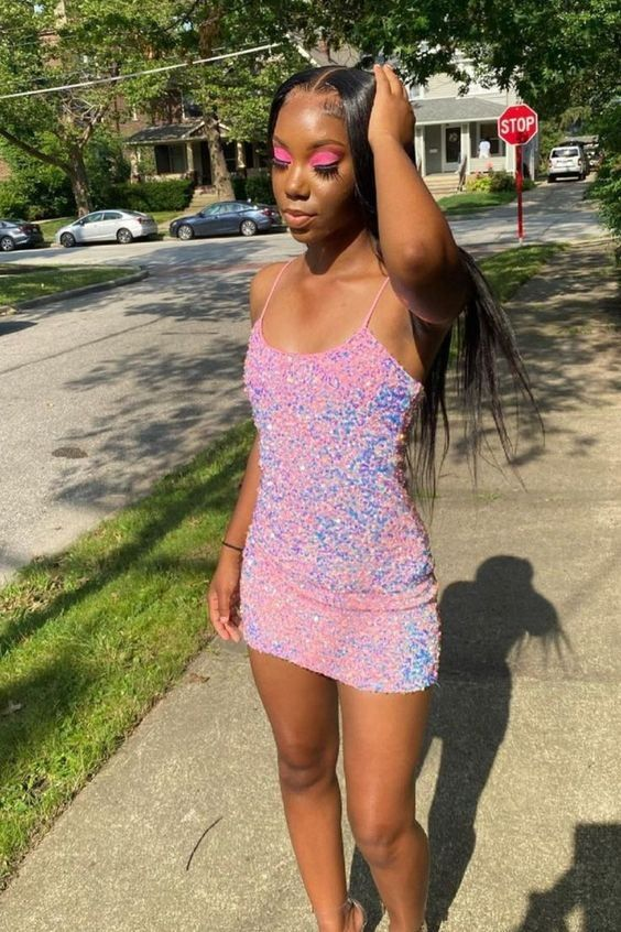 Pink Sequin Sheath Short Birthday Dress Homecoming Gown J4165