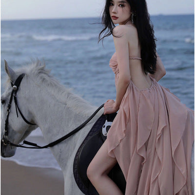 Unregelmäßige Neckholder Tube Top Rückenfreies Kleid Strandkleid Langer Rock L5