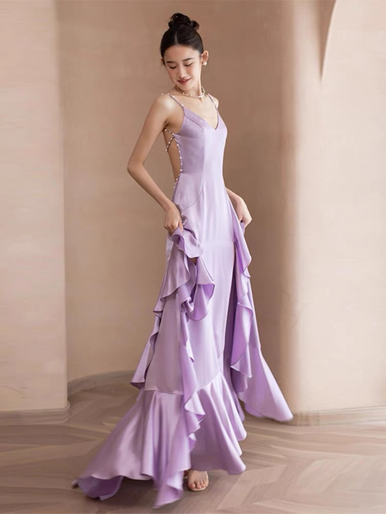 Robe de bal longue violette dos nu, coupe trapèze, à volants, robe de soirée formelle J3654