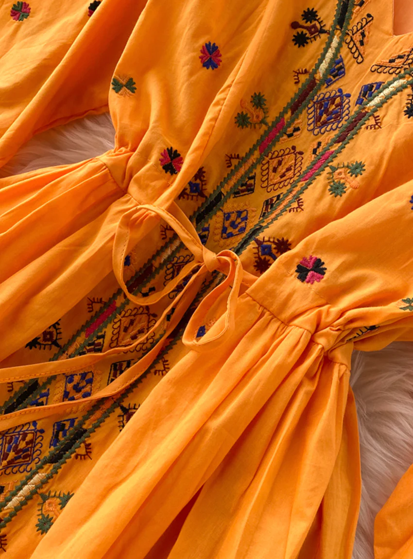 A line v neck embroidery long sleeve dress 3 - JulyProm