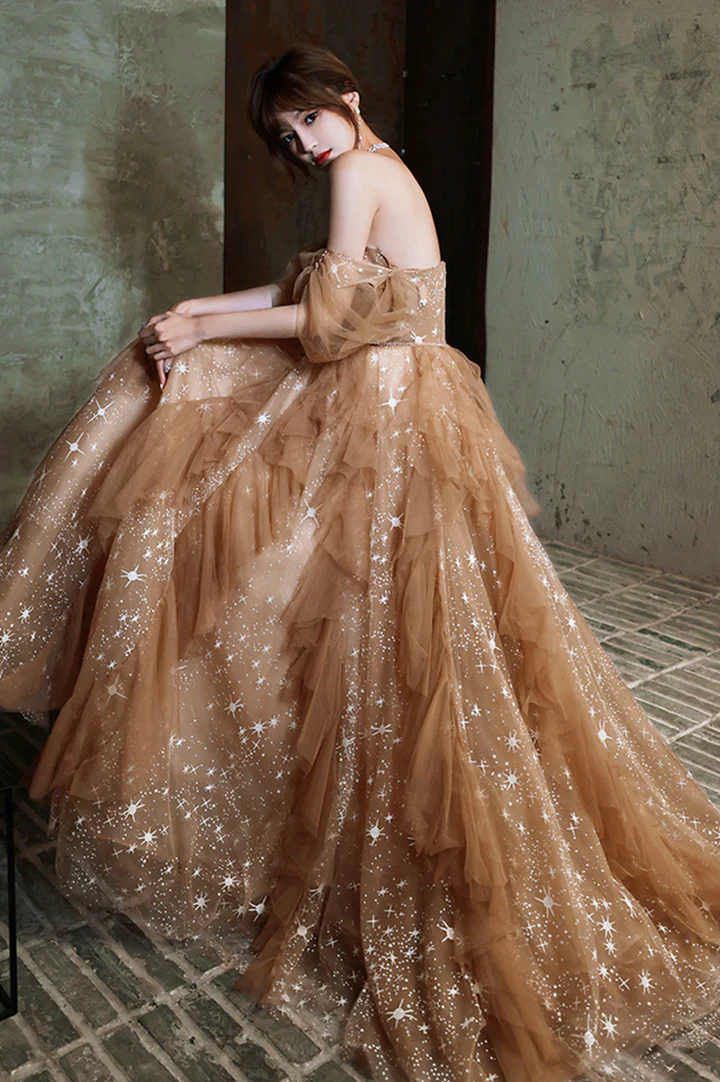 Strapless Tulle Long Prom Dress A Line Formal Shiny Evening Gown 4 - JulyProm