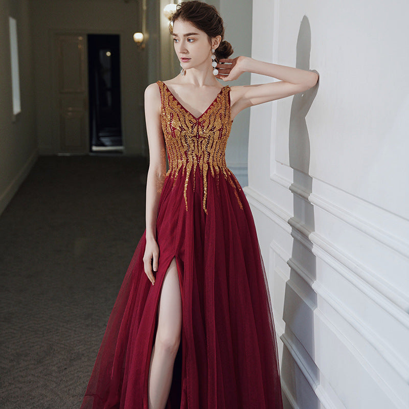 Silver Gray Long Sequins Prom Dress with Slit V Neck Tulle Evening Dress 32 - JulyProm