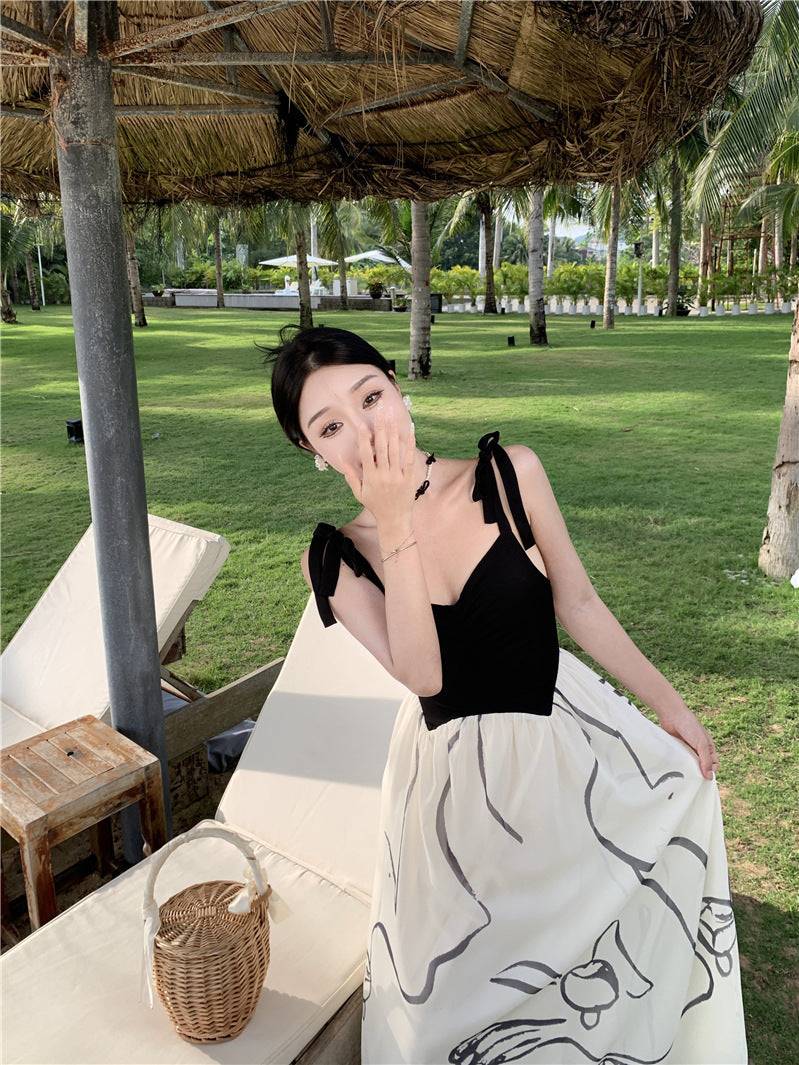 2023 Summer New Black and White Printed Beach Skirt Long Skirt Seaside Holiday Dress 70 - JulyProm