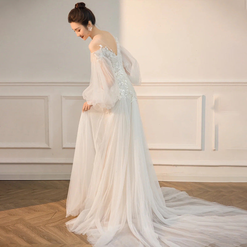 Long Sleeves Wedding Dress Fairy Bridal Off Shoulder Prom Dress with Train 38 - JulyProm