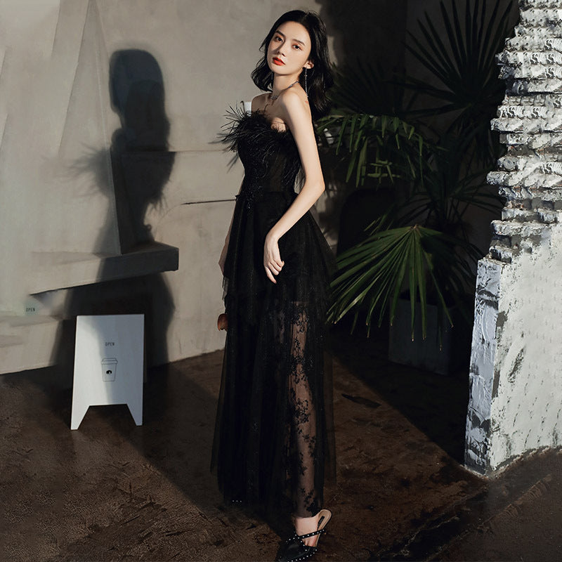 Strapless Black Tulle Lace Long Prom Dress Feather Evening Dress 47 - JulyProm